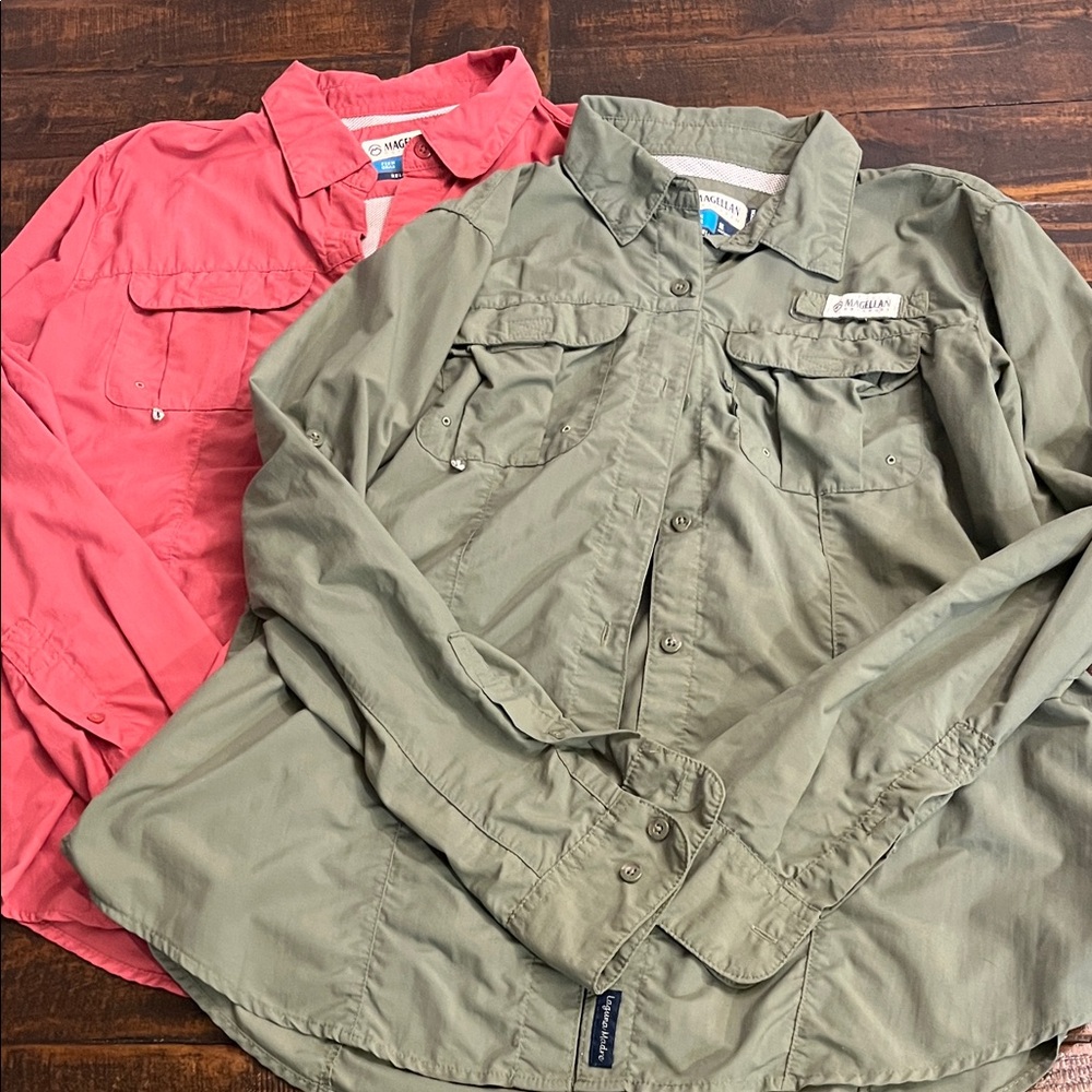 Magellan Outdoors Women's Button Down Shirts - Olive and Coral